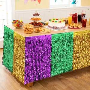 Jupe de Table à Franges en Feuille Métallique Mardi Gras Tricolore Violet Vert Or Tinsel Rideau de Bureau Décoration de Fête