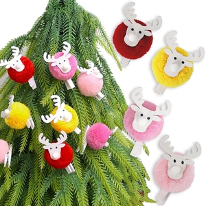 Christmas Reindeer Plush Pom Wooden Photo Clips Cute Elk Wood Pegs For Festive Home Party Decor DIY Stationery Gifts