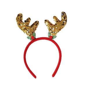 Serre-tête de renne de Noël avec paillettes dorées et détails festifs de baies rouges