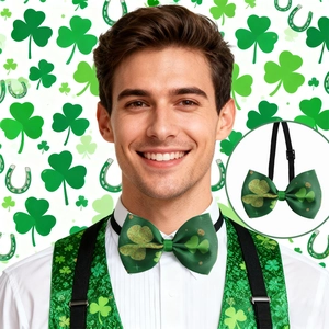 St. Patrick's Day costume set with green clover bowtie, sequin vest and black suspenders