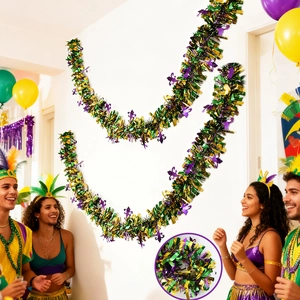 2m Mardi Gras tinsel garland with purple, green, gold colors and fleur-de-lis charms