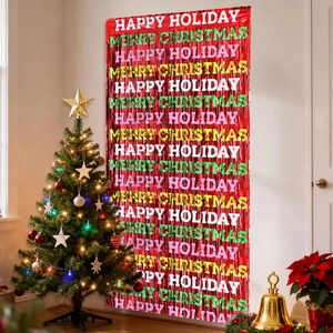 Red Christmas Tinsel Fringe Curtain Printed Merry Christmas Happy Holiday PET Foil Backdrop For Xmas Party Decoration