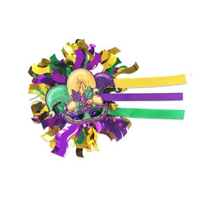 Mardi Gras party headpiece with crown, mask details and purple gold green metallic tassels