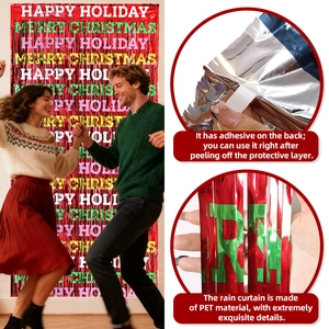Detail of red Christmas fringe curtain with festive print and adhesive backing for party
