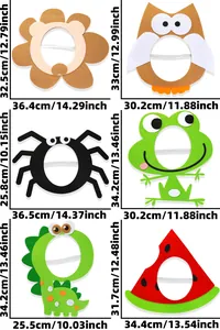 Size chart for kids animal felt masks including lion, owl, and dinosaur dimensions