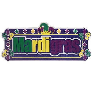 Mardi Gras festive wooden sign with fleur-de-lis and jester hat in purple green and gold