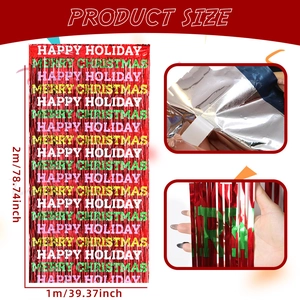 Red Christmas fringe curtain background with Happy Holiday print and adhesive tape