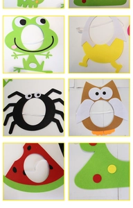Detailed view of colorful cartoon felt masks for kids' birthday party decorations and props
