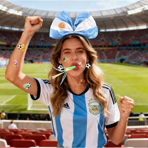 Set de fan d'Argentine avec maillot rayé, bandeau à nœud et boucles d'oreilles au stade