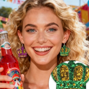 Boucles d'oreilles couronne à paillettes violettes et vertes pour fête de carnaval