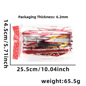 Detail view of 1x2m metallic fringe curtain packaging showing exact product dimensions