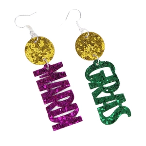 Boucles d'oreilles Mardi Gras avec lettres pailletées violettes, dorées et vertes