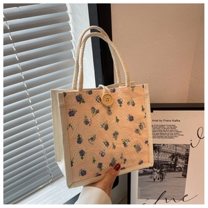 Floral lace lunch bag with vintage wooden button closure and cotton rope handle