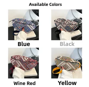 Vue détaillée de sacs bananes tissés en quatre motifs ethniques avec sangles réglables