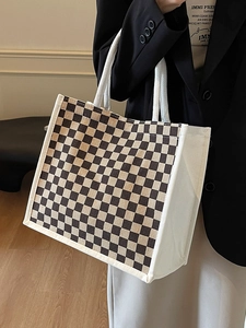 Large capacity canvas tote bag with classic black and brown checkerboard pattern design