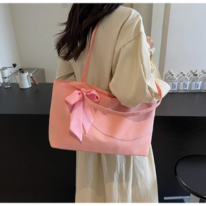 Rosa Canvas-Einkaufstasche mit karierter Schleife und Smiley-Print im Café-Stil