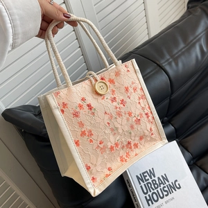 Women Sweet Lace Floral Handbag PU Fabric Tote Bag With Cotton Rope Handle And Wooden Button Vintage Small Square Bag