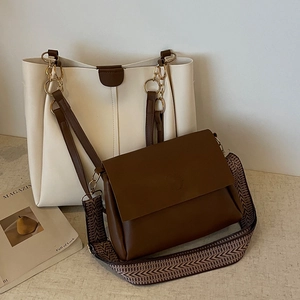 Two-piece set with off-white large tote bag and brown crossbody bag with woven strap