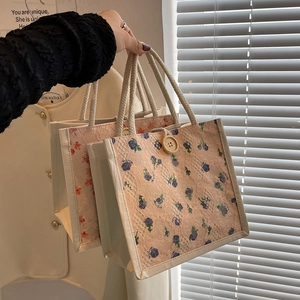 Floral lace lunch tote bag with rustic rope handles and wooden button decoration