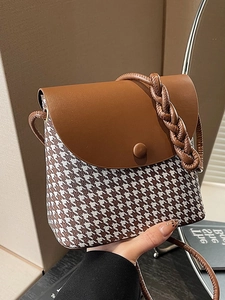 Vintage houndstooth patchwork crossbody bag with brown leather and top handle