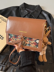 Retro plaid crossbody small square bag with plush bunny pendant and leather strap