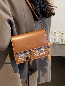Brown vintage leather crossbody square bag with geometric fabric and teddy bear charm