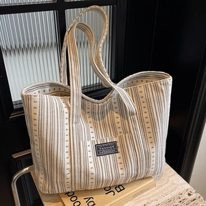 Sac Fourre-tout en Velours Côtelé Rayé pour Femmes Grande Capacité Minimaliste Urbain Sac à Main de Mode pour Travail École