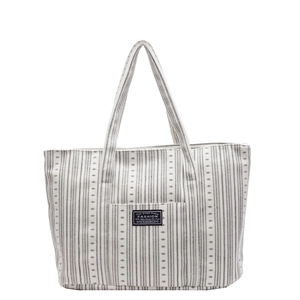Grand sac fourre-tout à rayures verticales blanc et gris avec étiquette fashion noire