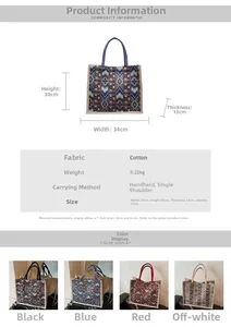 Detailed size chart and dimensions for the ethnic linen tote bag showing four color variants