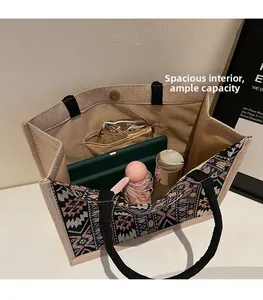 Spacious interior of linen tote bag showing inner pocket and large storage capacity