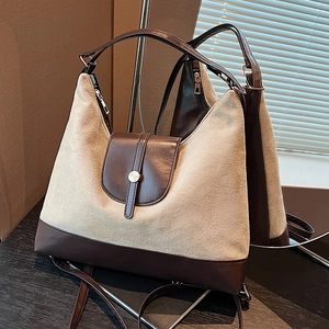 Large capacity suede patchwork tote bag with adjustable shoulder straps and hobo silhouette