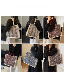 Detailed views of ethnic pattern linen tote bags shown on models for commuting
