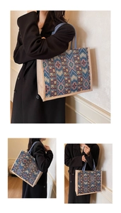 Detailed views of geometric patterned linen tote bag featuring woven blue round handles
