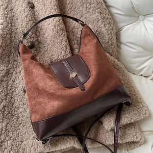 Large capacity vintage coffee hobo tote bag in mixed suede leather with wide strap