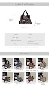 Detailed dimension chart for woven canvas handbag showing 26x22x14cm size and ethnic patterns