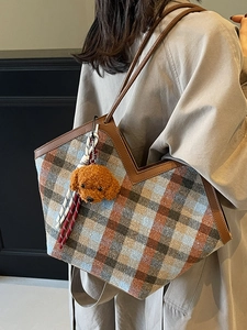 Large Capacity Plaid Tote Bag For Women Retro Casual PU Shoulder Bag With Dog Pendant Autumn Fashion Grid Handbag