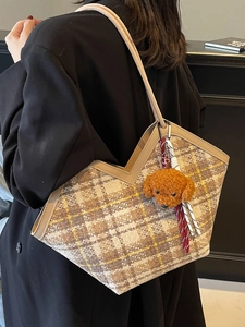 Retro plaid tweed tote bag with leather straps and cute plush dog pendant for women