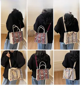 Ethnic style canvas tote bag with geometric patterns shown in multiple carrying styles