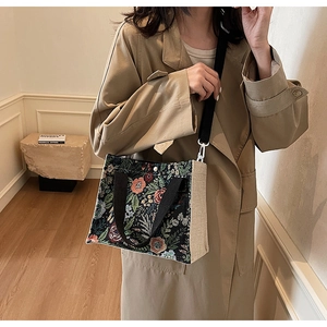 Floral jacquard tote bag shown with beige trench coat for a stylish street look