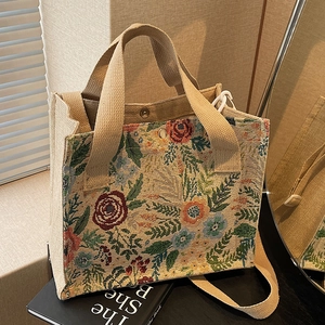 Women Vintage Floral Jacquard Tote Bag Retro Literary Style Cotton Linen Shoulder Handbag Large Capacity Crossbody Bag