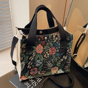Medium vintage floral jacquard tote bag with detachable strap and linen texture accents