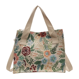 Floral jacquard woven tote bag with vintage flower patterns and beige shoulder straps