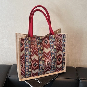 Women Bohemian Geometric Woven Tote Bag Large Capacity Cotton Linen Handbag Ethnic Travel Shopping Shoulder Bag Rope Handle