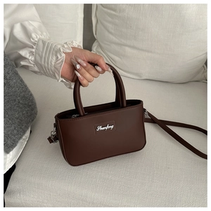 Detail of dark brown leather mini bag with silver hardware and Shunfeng metal logo