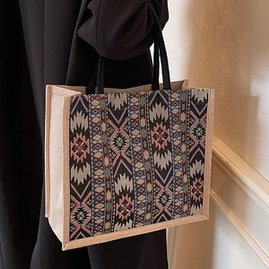 Large bohemian linen tote bag with colorful geometric woven patterns for women