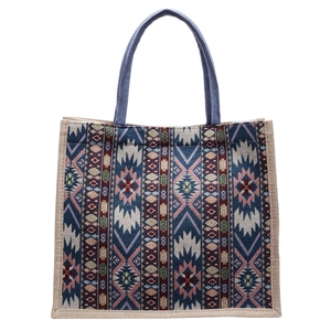 Large capacity linen tote bag featuring ethnic geometric patterns and blue woven handles