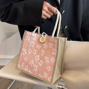 Japanese Style Women Jacquard Floral Tote Bag Cotton Linen Handbag With Wooden Button Woven Rope Handle Casual Daily Carry Bag