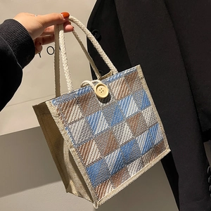 Linen plaid tote bag with geometric pattern, wooden button, and rope handle for women