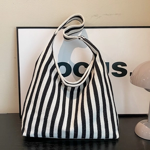Large capacity black and white striped canvas tote bag with wide shoulder strap