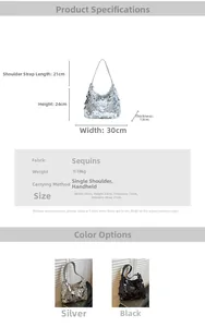 Detailed size specifications for a sequined tote bag showing dimensions and weight